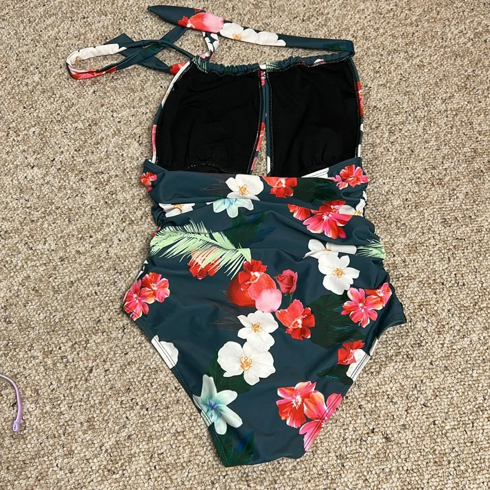 B2PRITY Monokini Floral Floral Halter Top Neck Tie Slimming One Piece Swim M